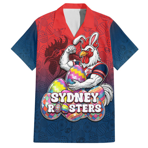 Personalized Sydney Roosters Hawaiian Shirt Easter Mascot - Colorful Eggs Cartoon Style