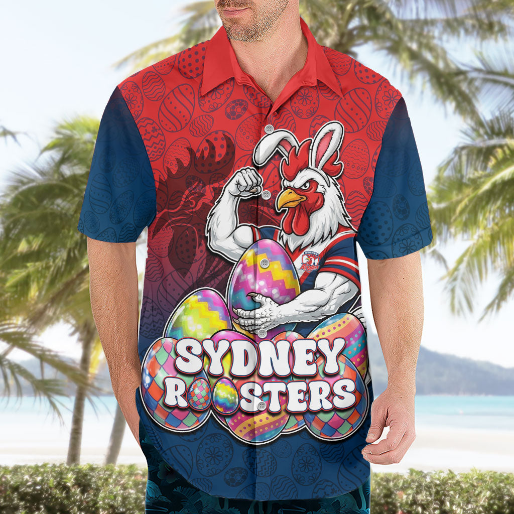 Personalized Sydney Roosters Hawaiian Shirt Easter Mascot - Colorful Eggs Cartoon Style