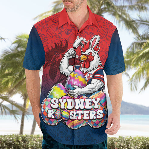 Personalized Sydney Roosters Hawaiian Shirt Easter Mascot - Colorful Eggs Cartoon Style