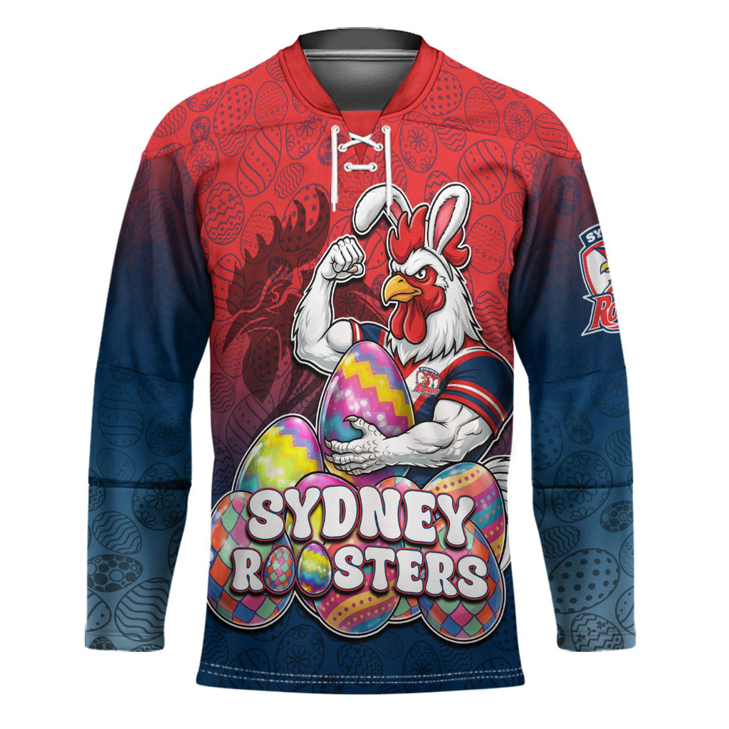 Personalized Sydney Roosters Hockey Jersey Easter Mascot - Colorful Eggs Cartoon Style