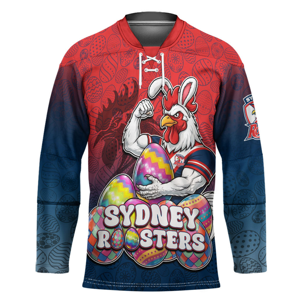 Personalized Sydney Roosters Hockey Jersey Easter Mascot - Colorful Eggs Cartoon Style