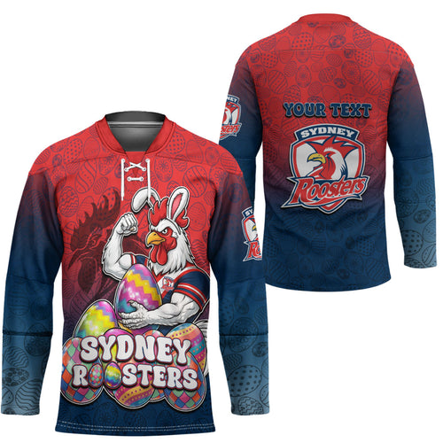 Personalized Sydney Roosters Hockey Jersey Easter Mascot - Colorful Eggs Cartoon Style