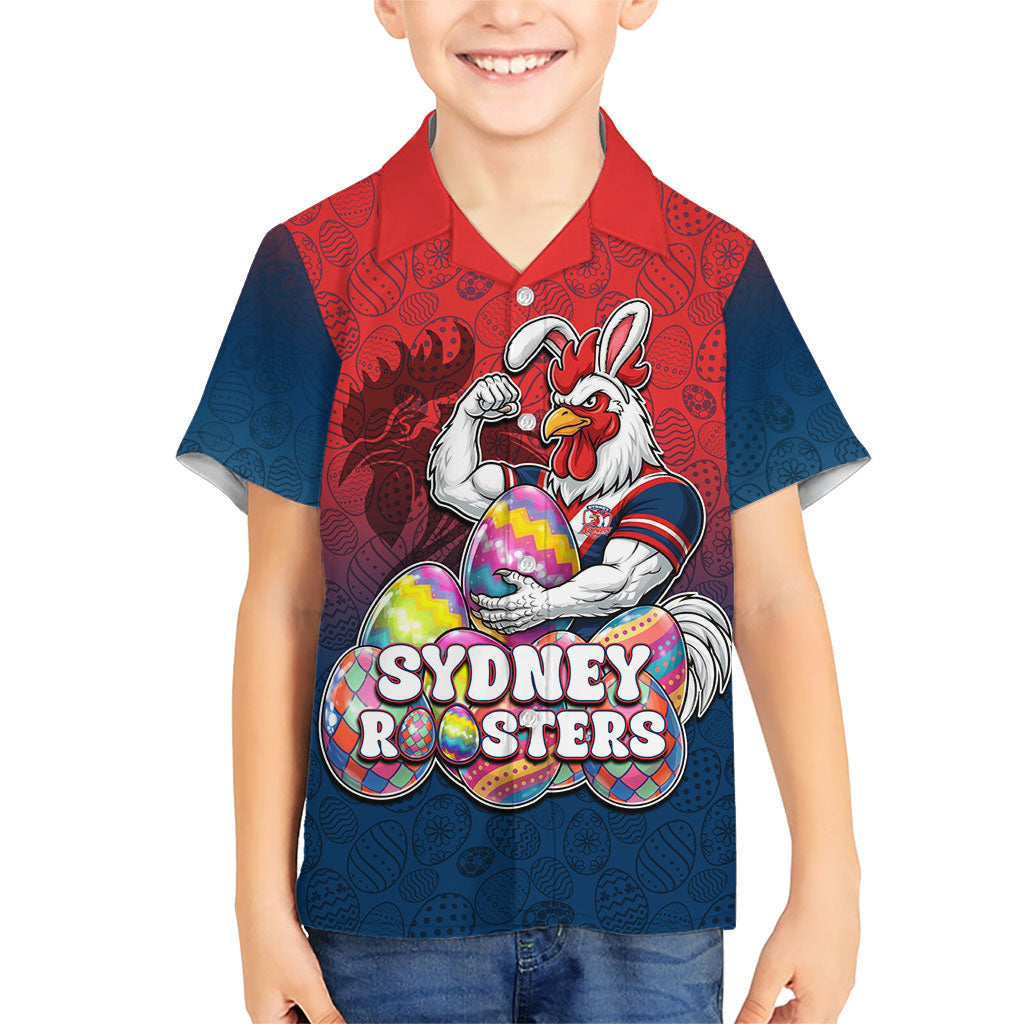 Personalized Sydney Roosters Kid Hawaiian Shirt Easter Mascot - Colorful Eggs Cartoon Style