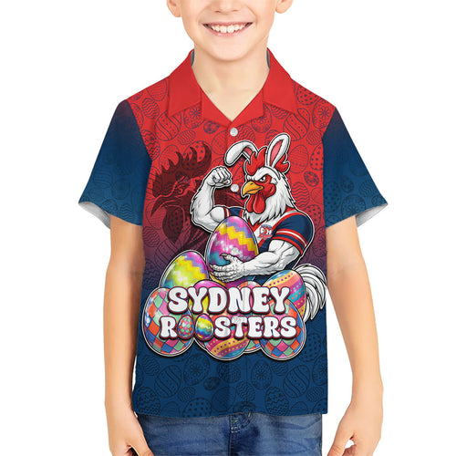 Personalized Sydney Roosters Kid Hawaiian Shirt Easter Mascot - Colorful Eggs Cartoon Style