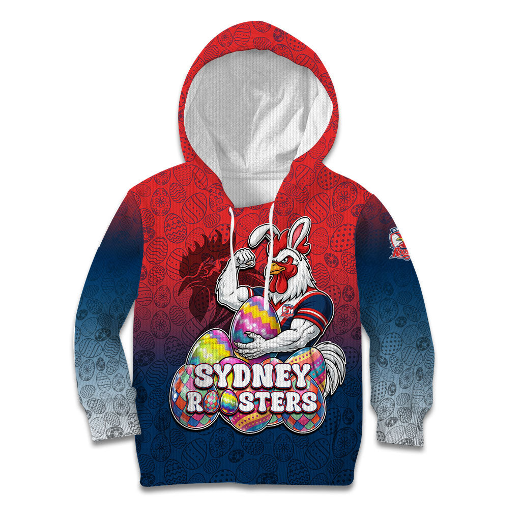Personalized Sydney Roosters Kid Hoodie Easter Mascot - Colorful Eggs Cartoon Style