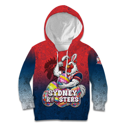 Personalized Sydney Roosters Kid Hoodie Easter Mascot - Colorful Eggs Cartoon Style