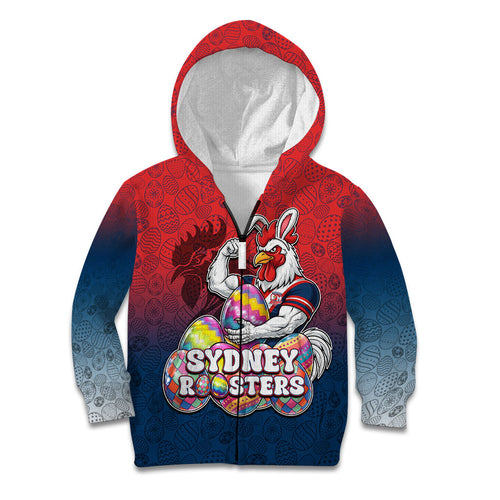 Personalized Sydney Roosters Kid Hoodie Easter Mascot - Colorful Eggs Cartoon Style