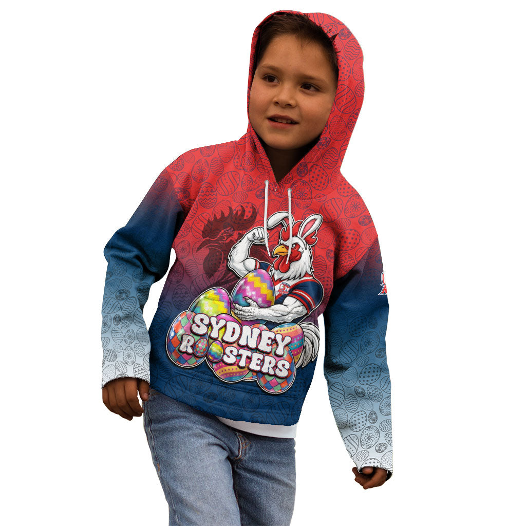 Personalized Sydney Roosters Kid Hoodie Easter Mascot - Colorful Eggs Cartoon Style