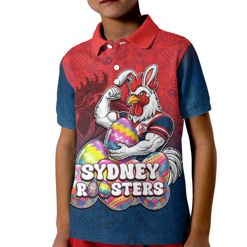Personalized Sydney Roosters Kid Polo Shirt Easter Mascot - Colorful Eggs Cartoon Style