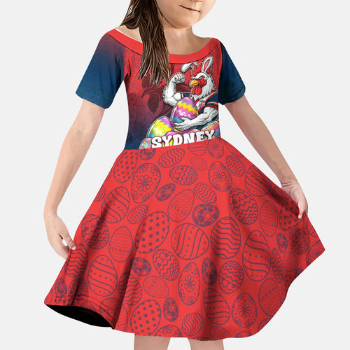 Personalized Sydney Roosters Kid Short Sleeve Dress Easter Mascot - Colorful Eggs Cartoon Style