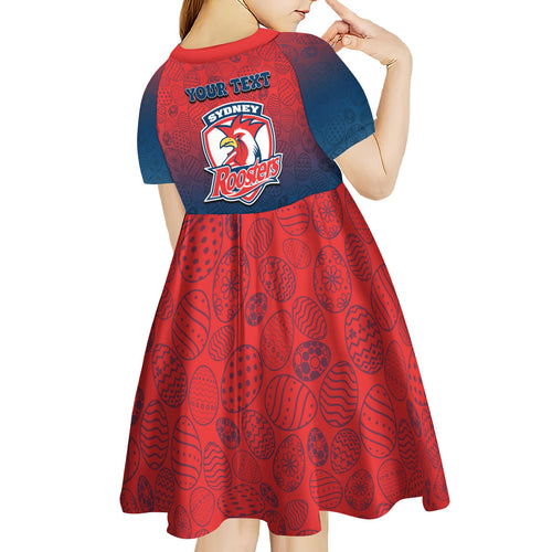 Personalized Sydney Roosters Kid Short Sleeve Dress Easter Mascot - Colorful Eggs Cartoon Style