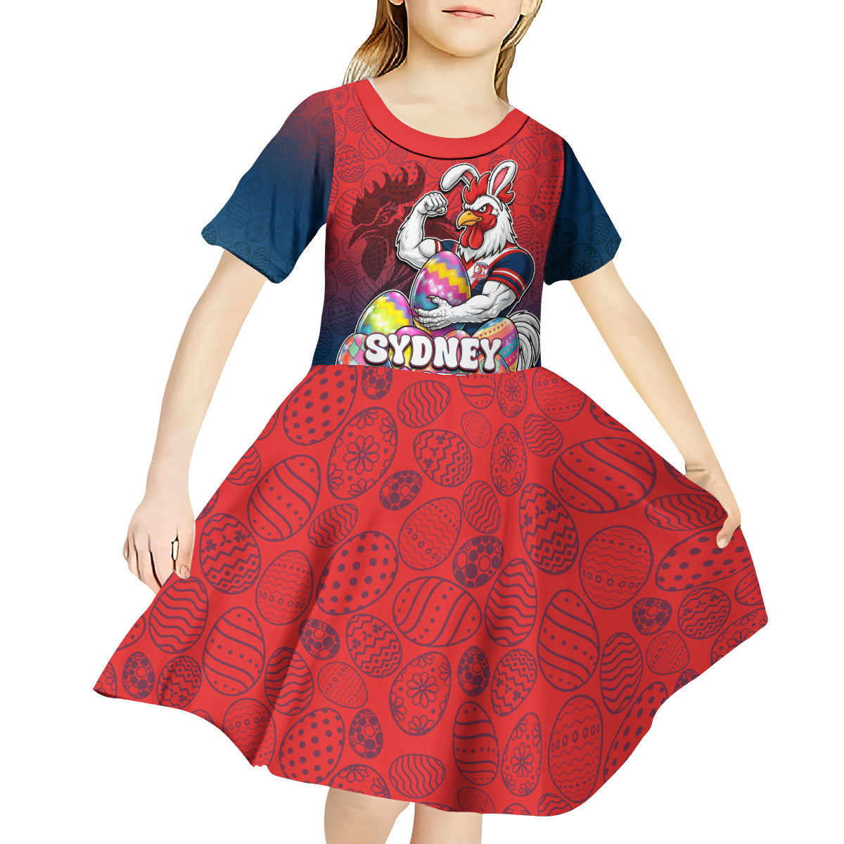 Personalized Sydney Roosters Kid Short Sleeve Dress Easter Mascot - Colorful Eggs Cartoon Style