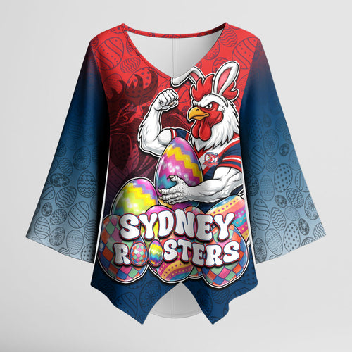 Personalized Sydney Roosters Kimono Sleeve Blouse Easter Mascot - Colorful Eggs Cartoon Style