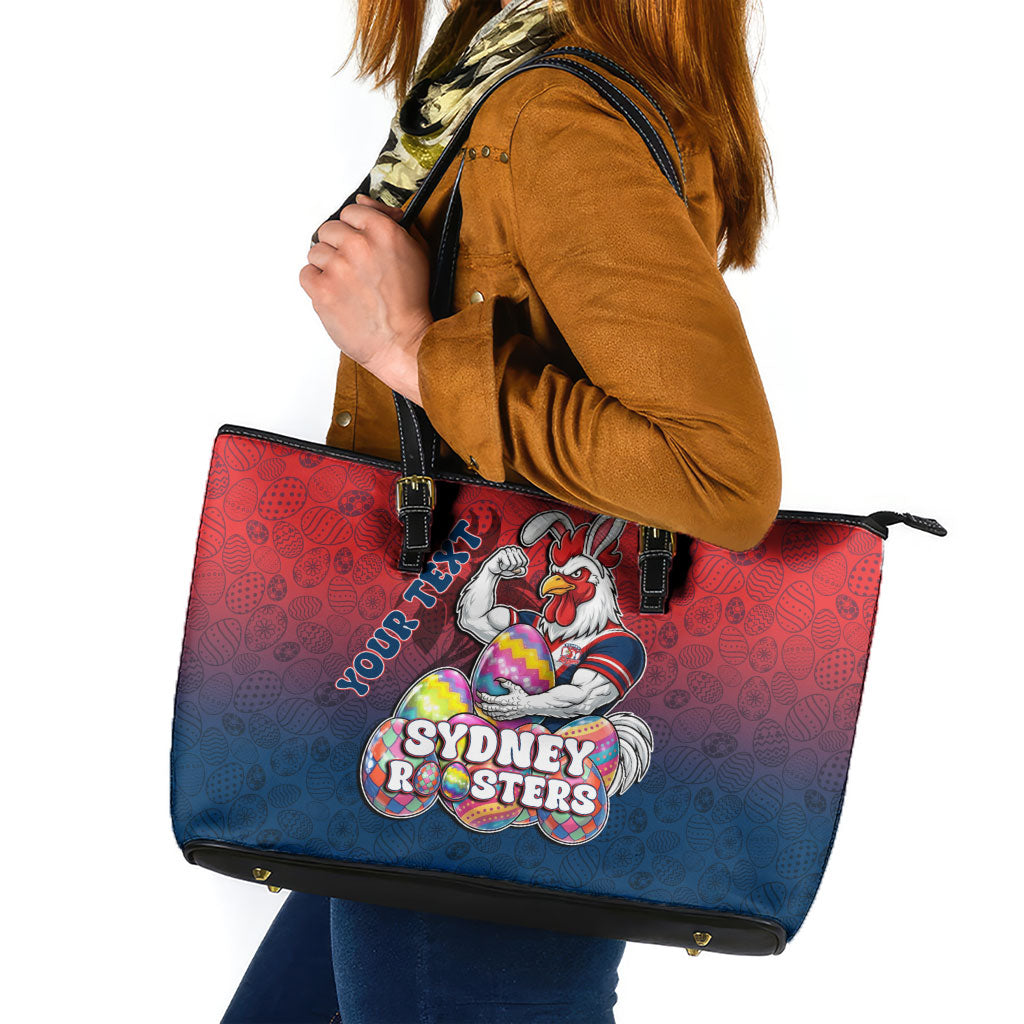 Personalized Sydney Roosters Leather Tote Bag Easter Mascot - Colorful Eggs Cartoon Style
