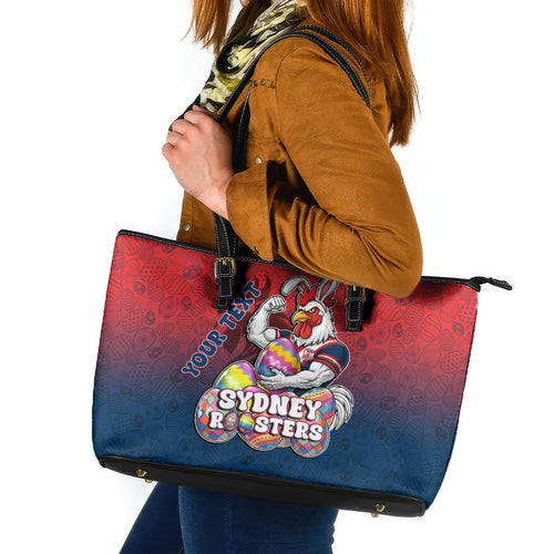 Personalized Sydney Roosters Leather Tote Bag Easter Mascot - Colorful Eggs Cartoon Style
