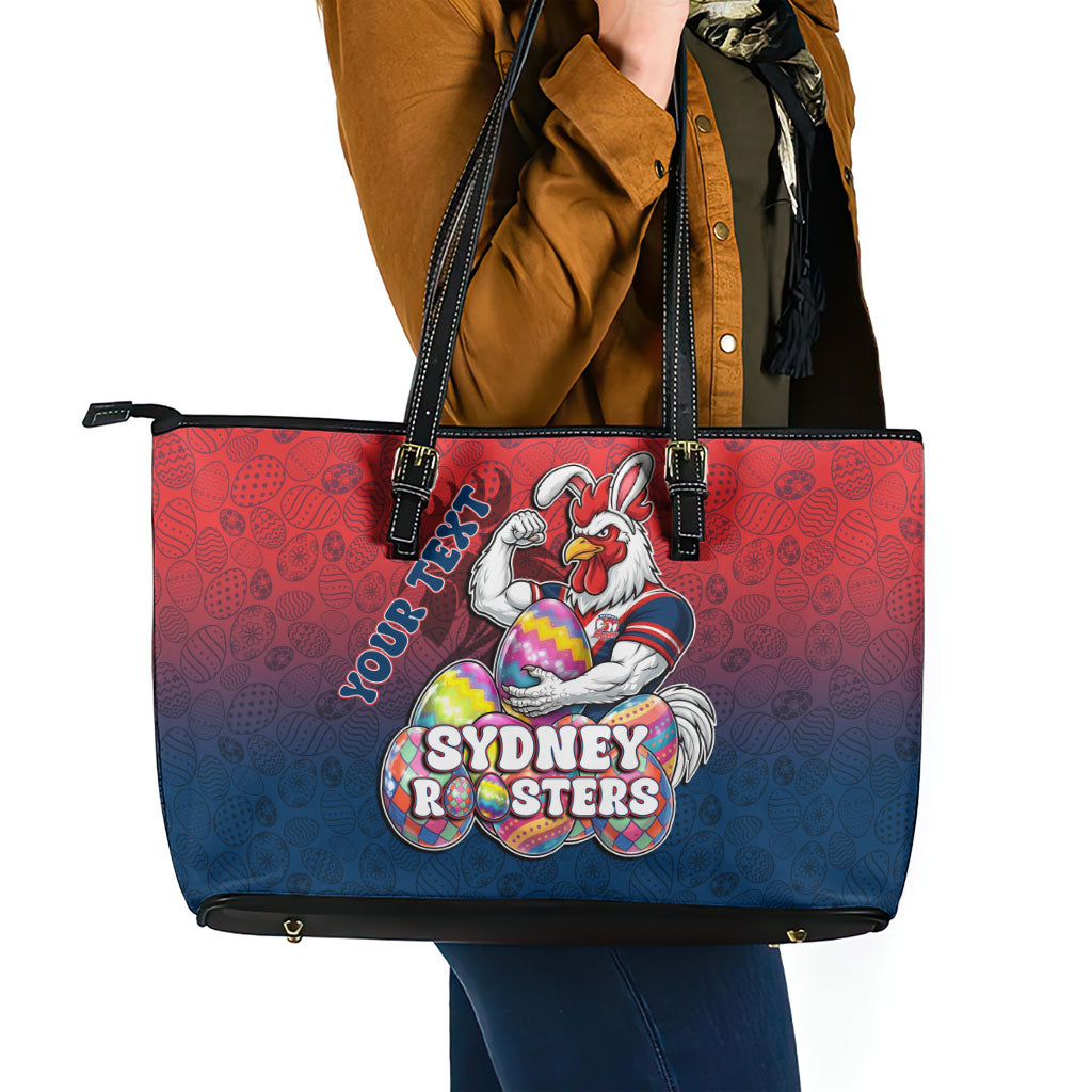 Personalized Sydney Roosters Leather Tote Bag Easter Mascot - Colorful Eggs Cartoon Style