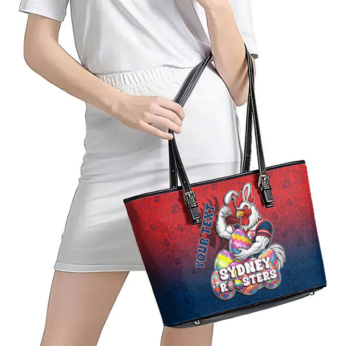 Personalized Sydney Roosters Leather Tote Bag Easter Mascot - Colorful Eggs Cartoon Style