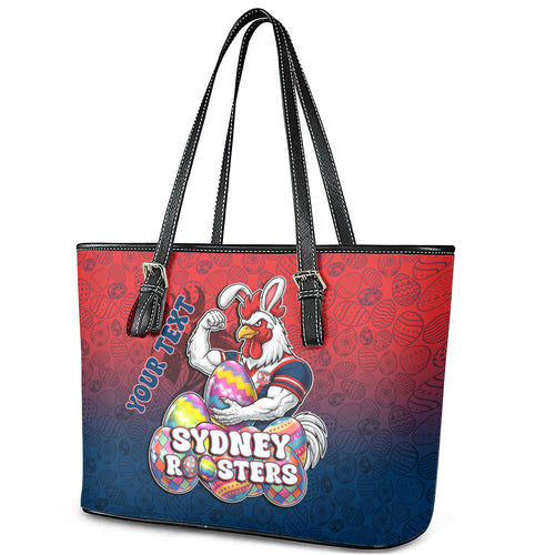 Personalized Sydney Roosters Leather Tote Bag Easter Mascot - Colorful Eggs Cartoon Style
