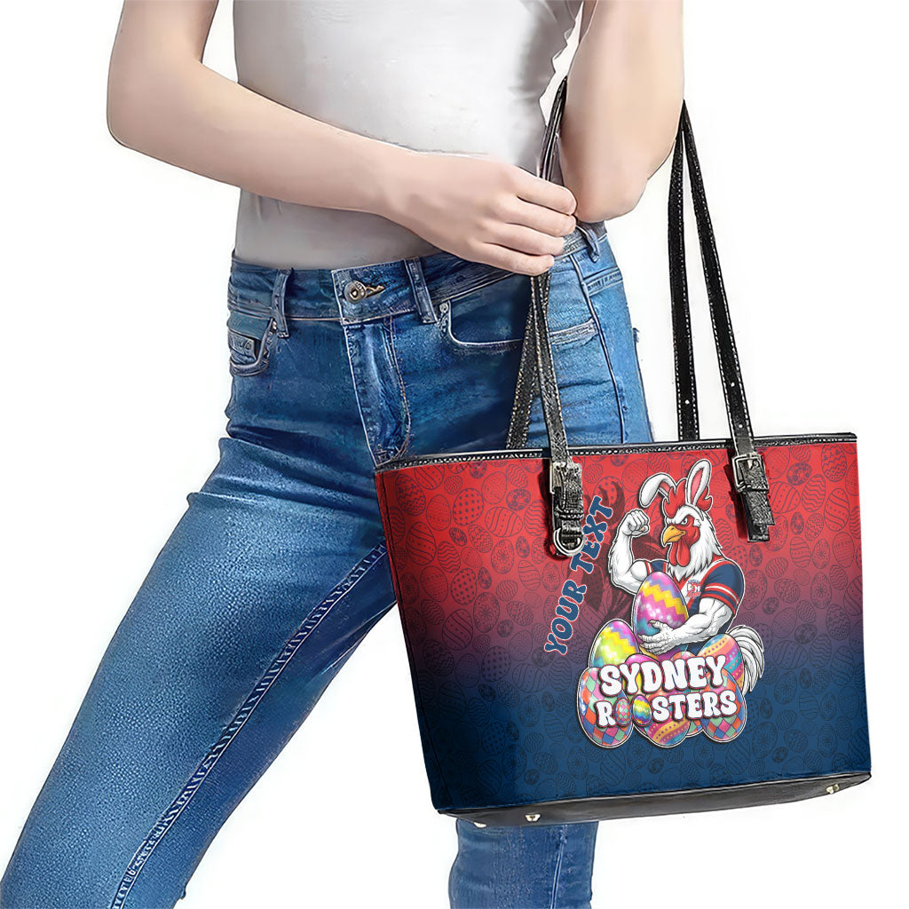 Personalized Sydney Roosters Leather Tote Bag Easter Mascot - Colorful Eggs Cartoon Style