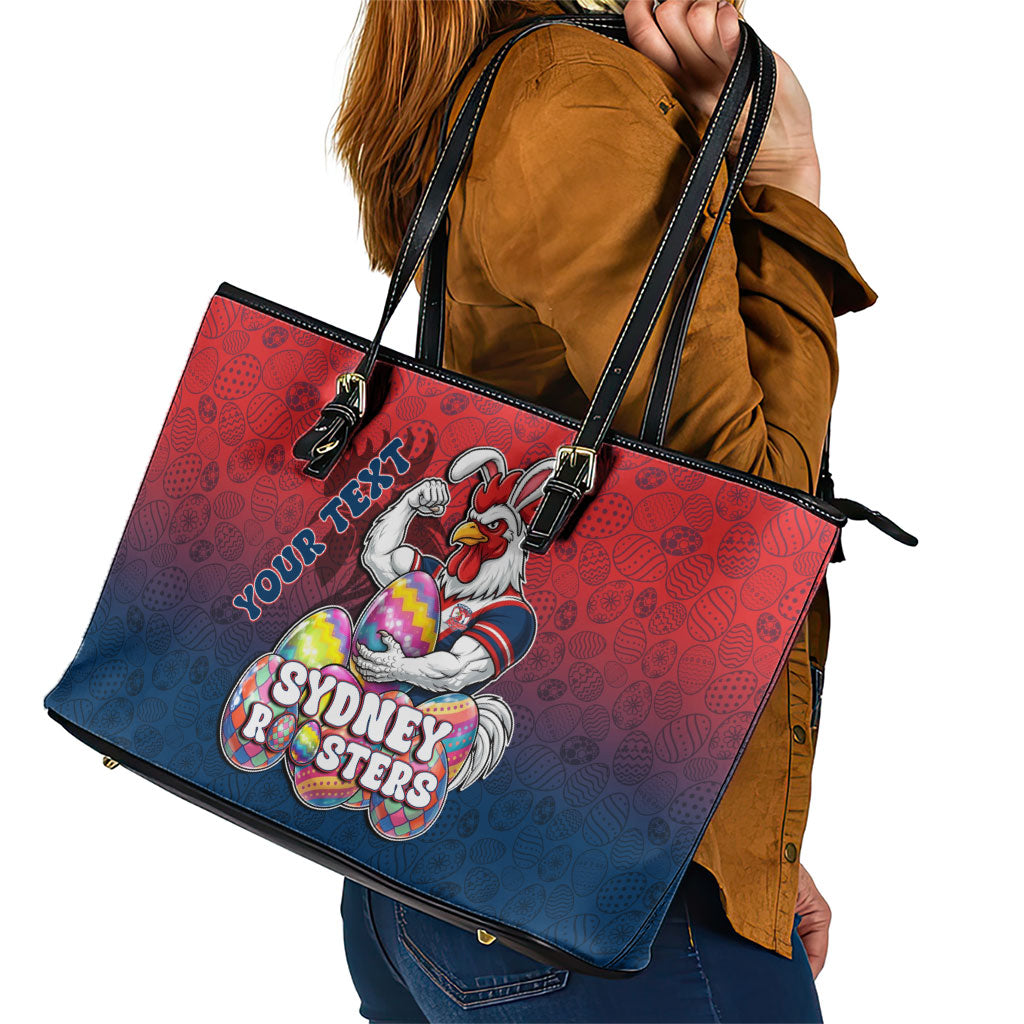 Personalized Sydney Roosters Leather Tote Bag Easter Mascot - Colorful Eggs Cartoon Style