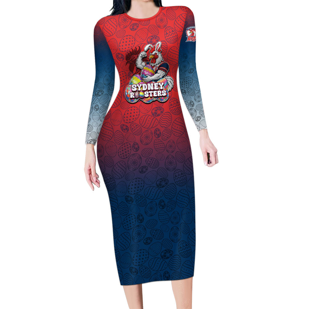 Personalized Sydney Roosters Long Sleeve Bodycon Dress Easter Mascot - Colorful Eggs Cartoon Style
