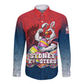 Personalized Sydney Roosters Long Sleeve Button Shirt Easter Mascot - Colorful Eggs Cartoon Style