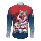 Personalized Sydney Roosters Long Sleeve Button Shirt Easter Mascot - Colorful Eggs Cartoon Style