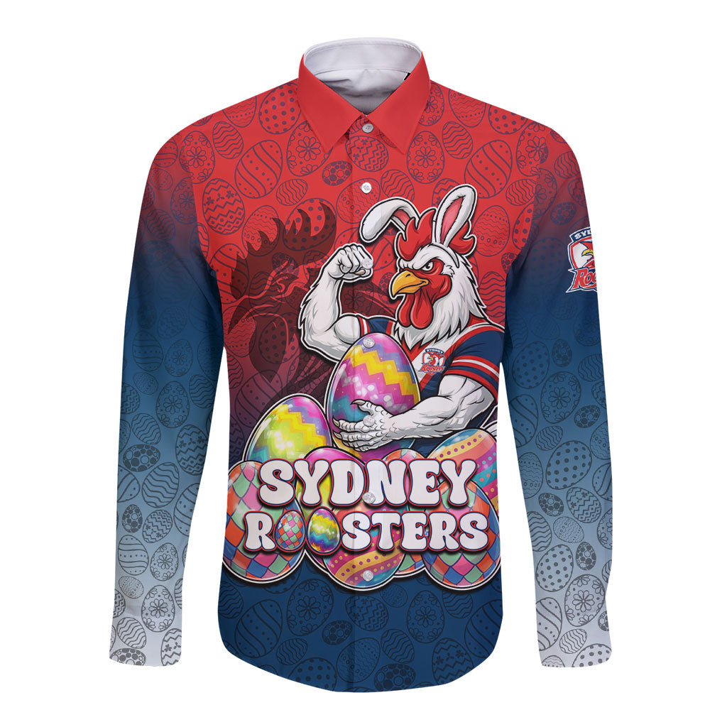 Personalized Sydney Roosters Long Sleeve Button Shirt Easter Mascot - Colorful Eggs Cartoon Style