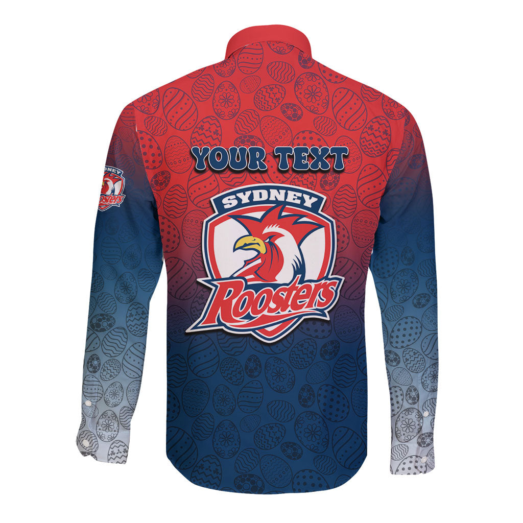 Personalized Sydney Roosters Long Sleeve Button Shirt Easter Mascot - Colorful Eggs Cartoon Style
