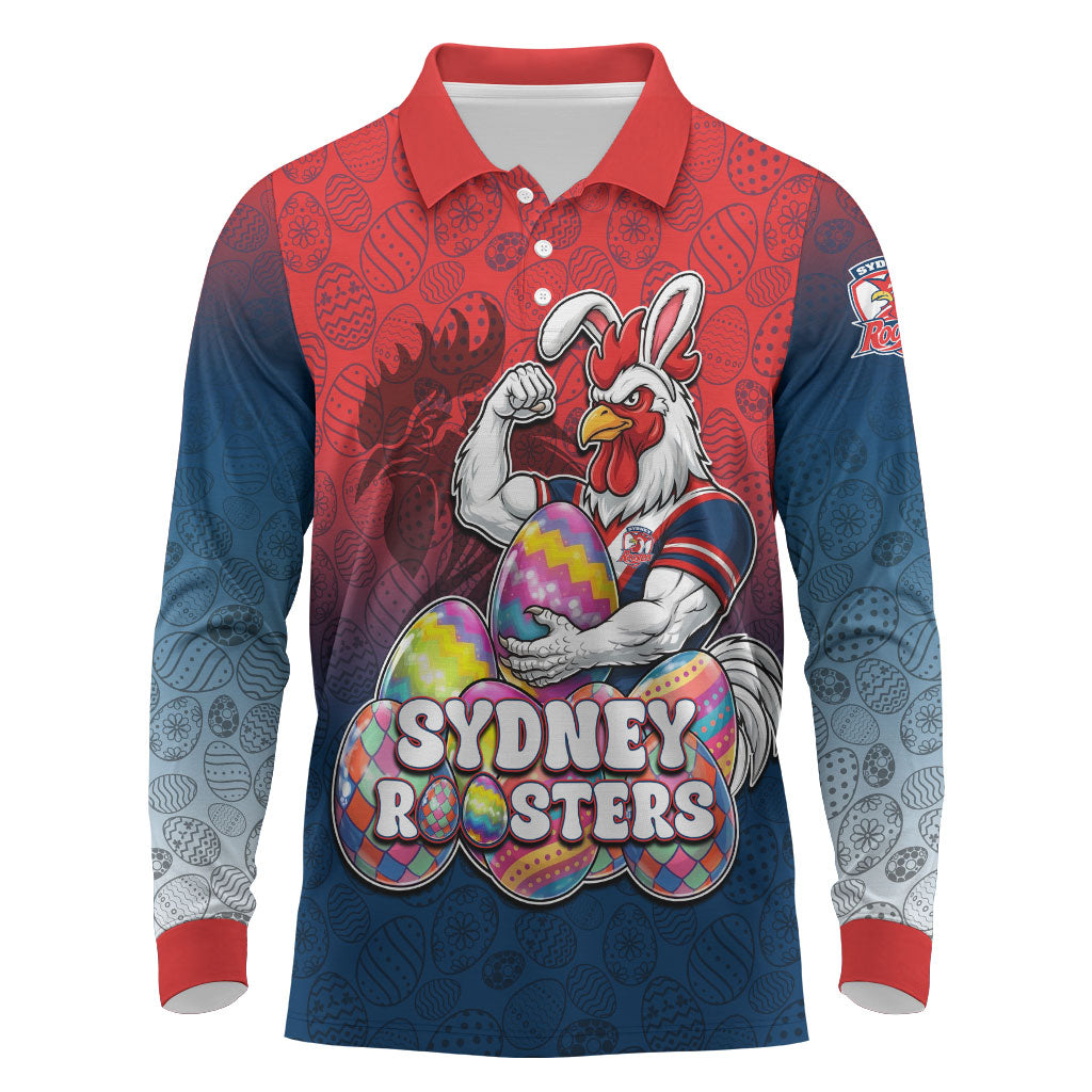 Personalized Sydney Roosters Long Sleeve Polo Shirt Easter Mascot - Colorful Eggs Cartoon Style