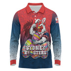 Personalized Sydney Roosters Long Sleeve Polo Shirt Easter Mascot - Colorful Eggs Cartoon Style