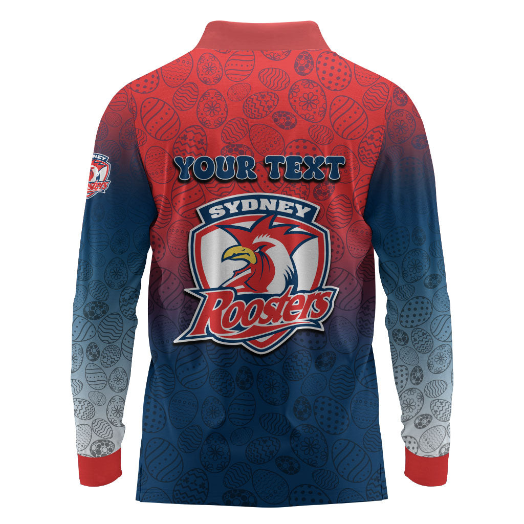 Personalized Sydney Roosters Long Sleeve Polo Shirt Easter Mascot - Colorful Eggs Cartoon Style