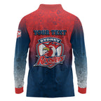 Personalized Sydney Roosters Long Sleeve Polo Shirt Easter Mascot - Colorful Eggs Cartoon Style