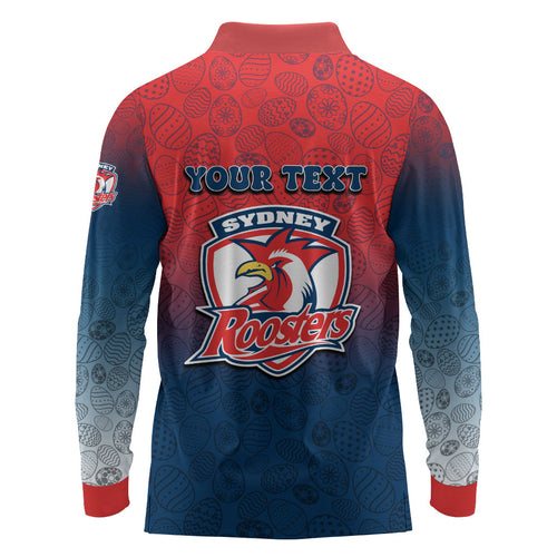 Personalized Sydney Roosters Long Sleeve Polo Shirt Easter Mascot - Colorful Eggs Cartoon Style