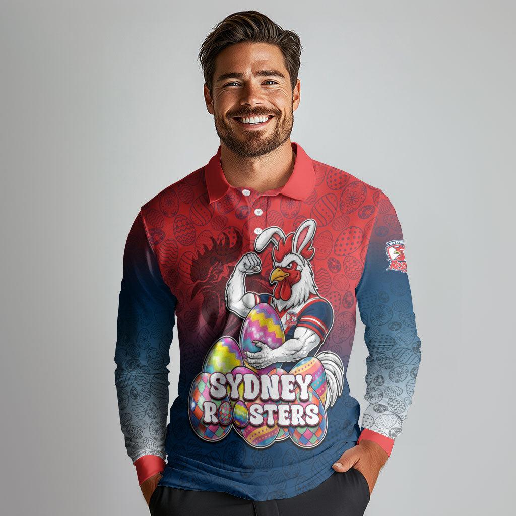 Personalized Sydney Roosters Long Sleeve Polo Shirt Easter Mascot - Colorful Eggs Cartoon Style