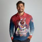 Personalized Sydney Roosters Long Sleeve Polo Shirt Easter Mascot - Colorful Eggs Cartoon Style