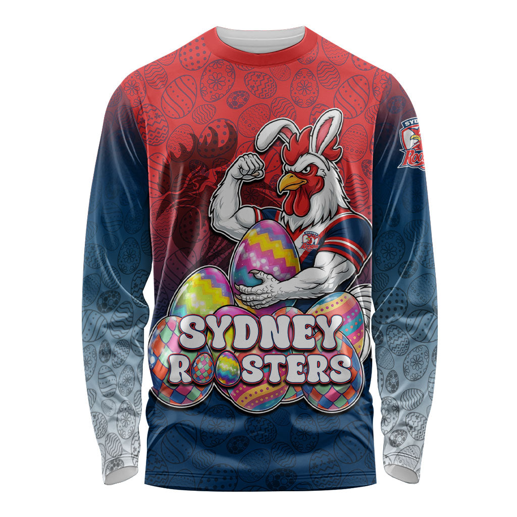 Personalized Sydney Roosters Long Sleeve Shirt Easter Mascot - Colorful Eggs Cartoon Style