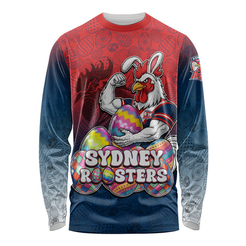 Personalized Sydney Roosters Long Sleeve Shirt Easter Mascot - Colorful Eggs Cartoon Style