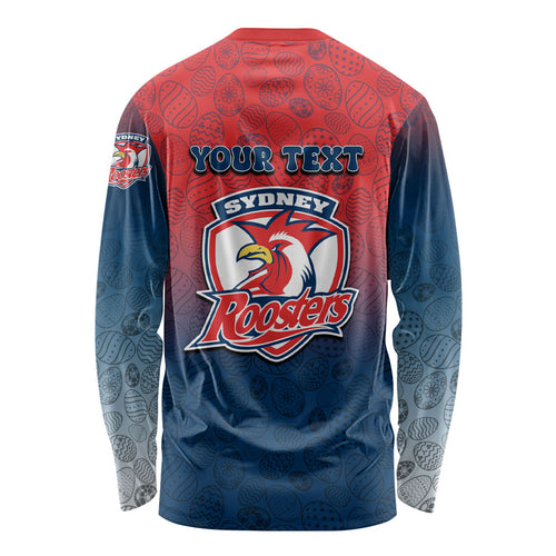 Personalized Sydney Roosters Long Sleeve Shirt Easter Mascot - Colorful Eggs Cartoon Style