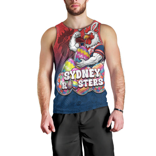 Personalized Sydney Roosters Men Tank Top Easter Mascot - Colorful Eggs Cartoon Style