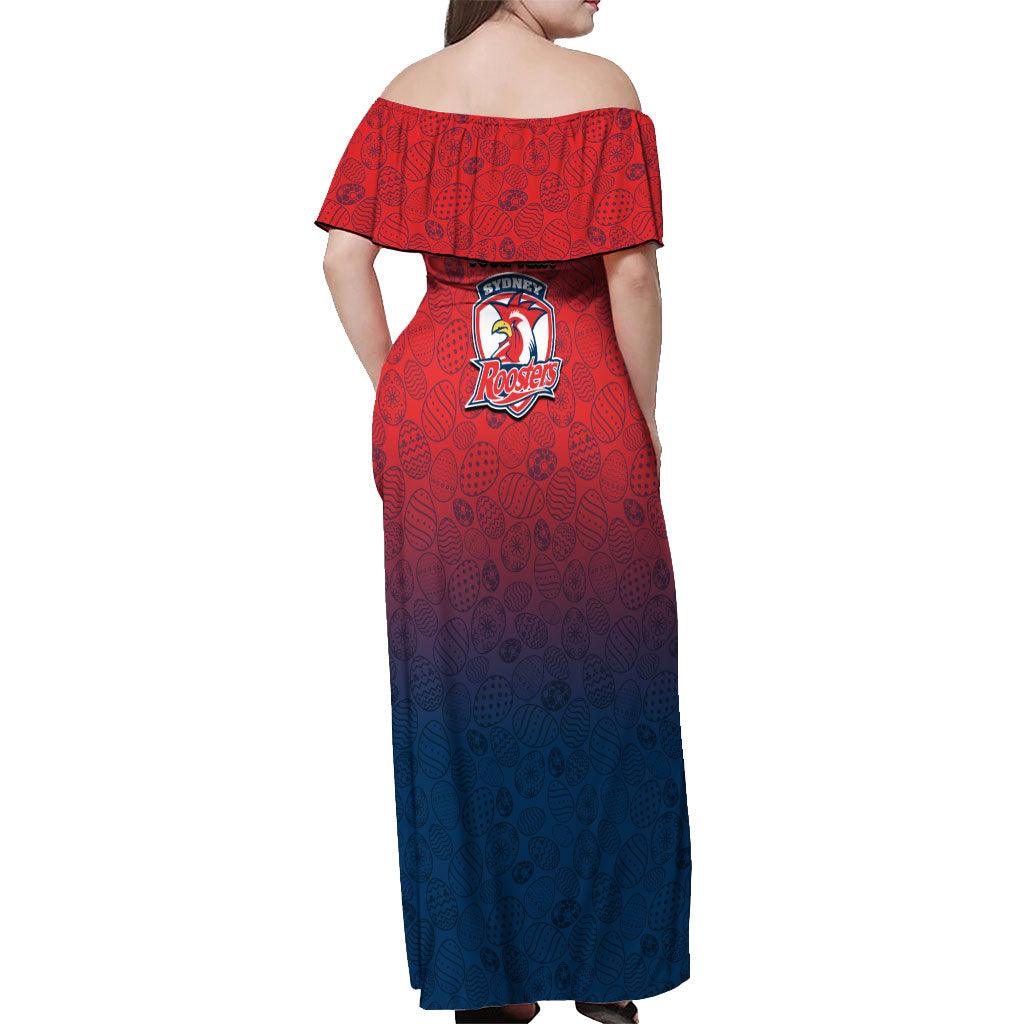 Personalized Sydney Roosters Off Shoulder Maxi Dress Easter Mascot - Colorful Eggs Cartoon Style