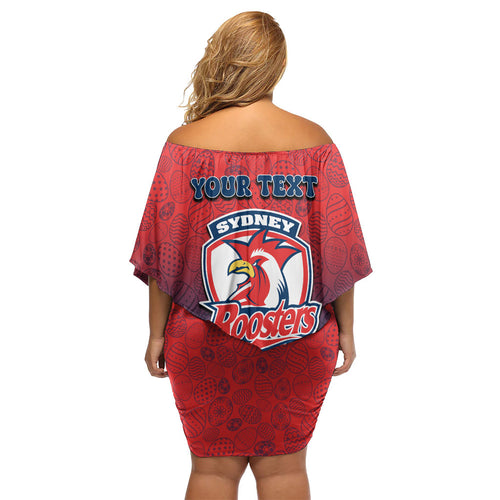 Personalized Sydney Roosters Off Shoulder Short Dress Easter Mascot - Colorful Eggs Cartoon Style