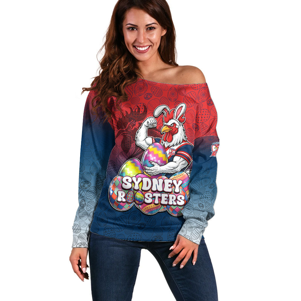 Personalized Sydney Roosters Off Shoulder Sweater Easter Mascot - Colorful Eggs Cartoon Style