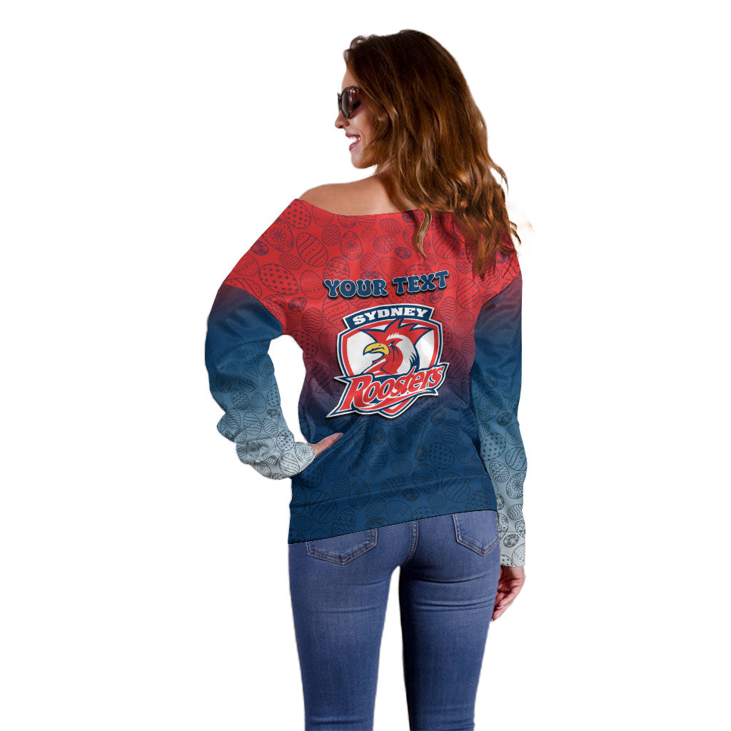 Personalized Sydney Roosters Off Shoulder Sweater Easter Mascot - Colorful Eggs Cartoon Style