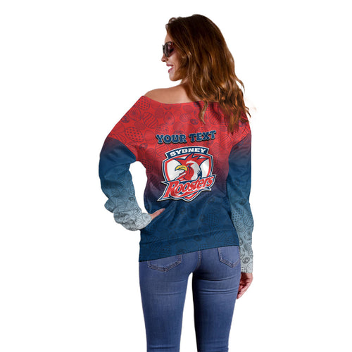 Personalized Sydney Roosters Off Shoulder Sweater Easter Mascot - Colorful Eggs Cartoon Style
