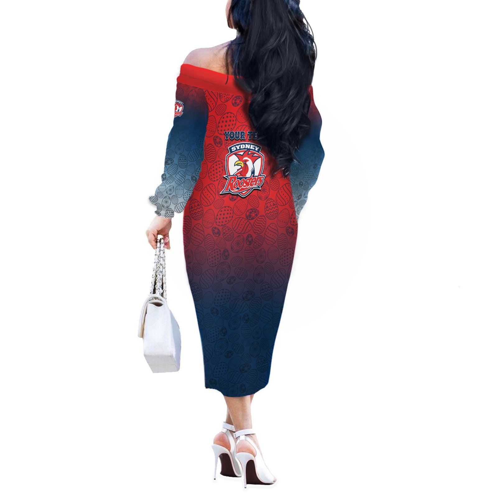 Personalized Sydney Roosters Off The Shoulder Long Sleeve Dress Easter Mascot - Colorful Eggs Cartoon Style