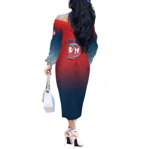 Personalized Sydney Roosters Off The Shoulder Long Sleeve Dress Easter Mascot - Colorful Eggs Cartoon Style