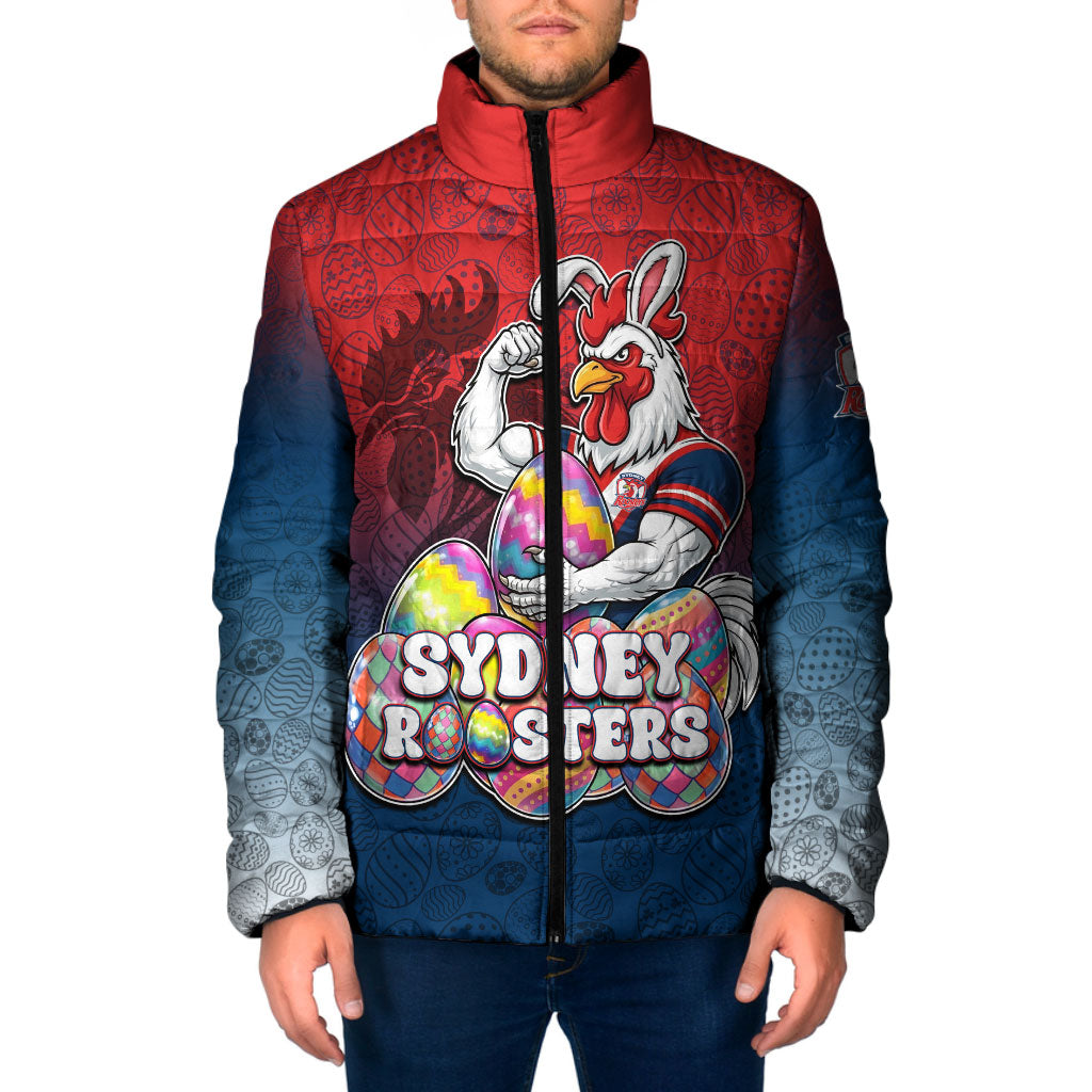 Personalized Sydney Roosters Padded Jacket Easter Mascot - Colorful Eggs Cartoon Style