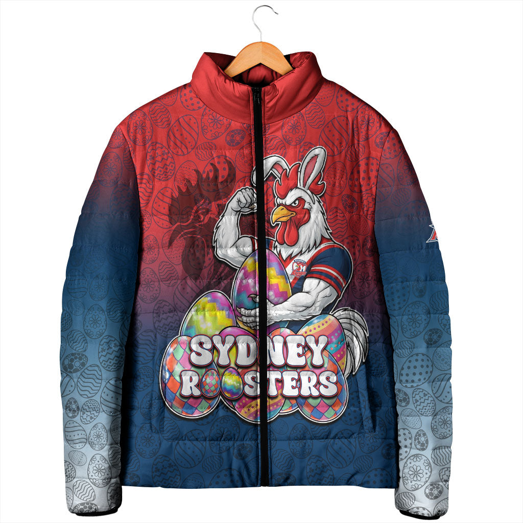 Personalized Sydney Roosters Padded Jacket Easter Mascot - Colorful Eggs Cartoon Style