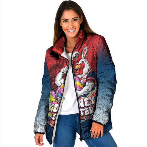 Personalized Sydney Roosters Padded Jacket Easter Mascot - Colorful Eggs Cartoon Style